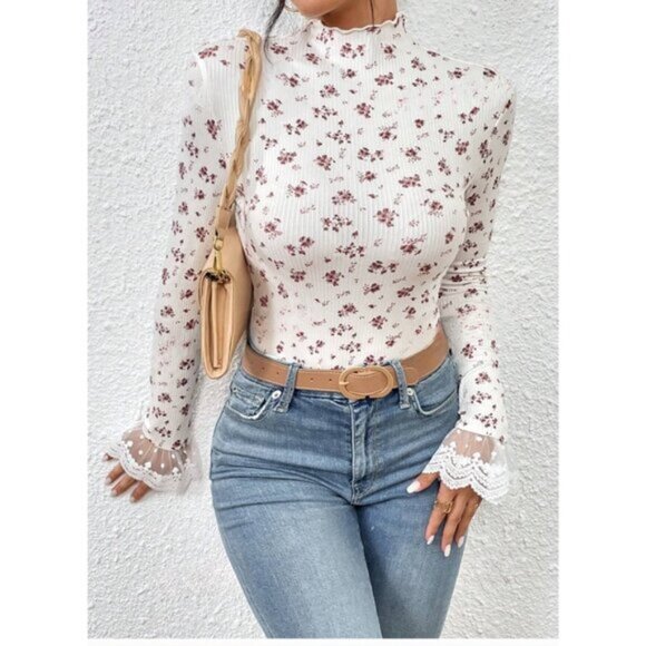 Tops - Rib Knit Ditsy Floral Print Embroidery Mesh Flare Sleeve Mock Neck Tee